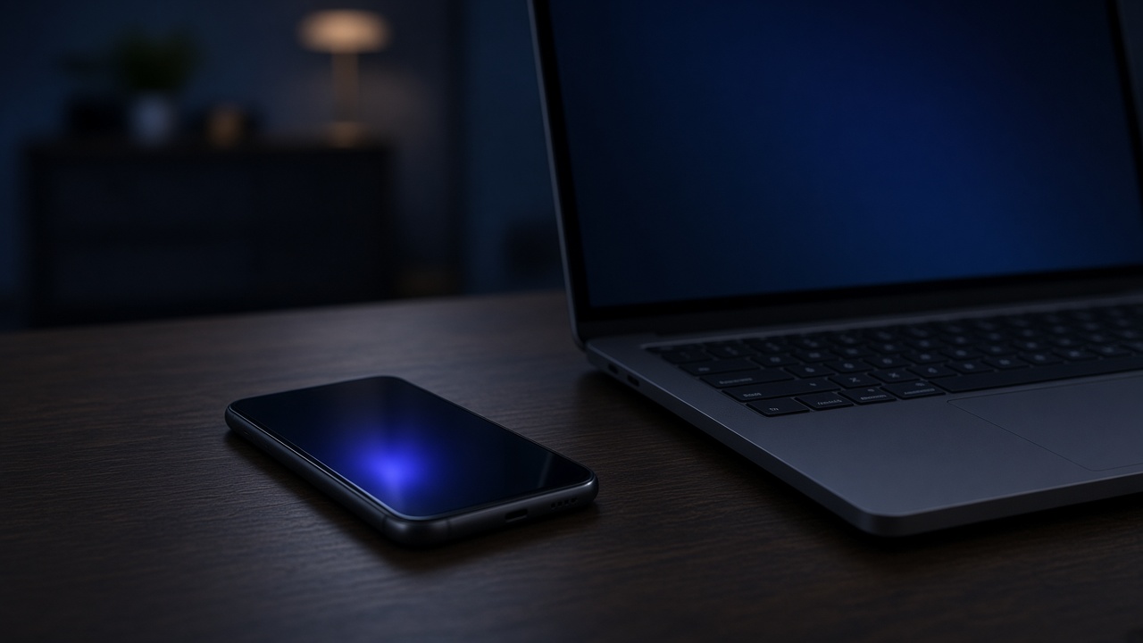 Phone on a dark desk with an indigo notification glow